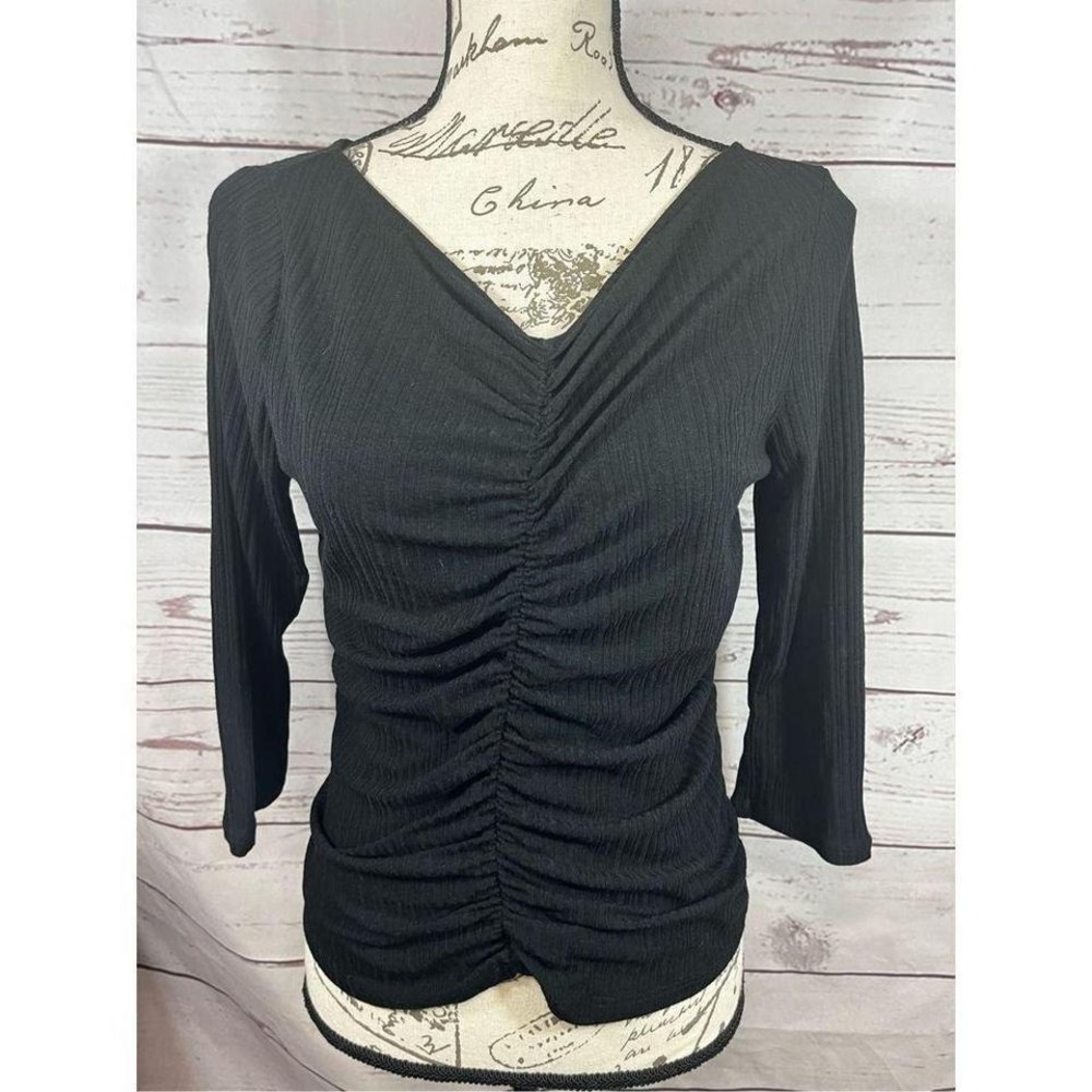W5 Black Ruched V Neck 3/4 Sleeve Ribbed Top XL NWT